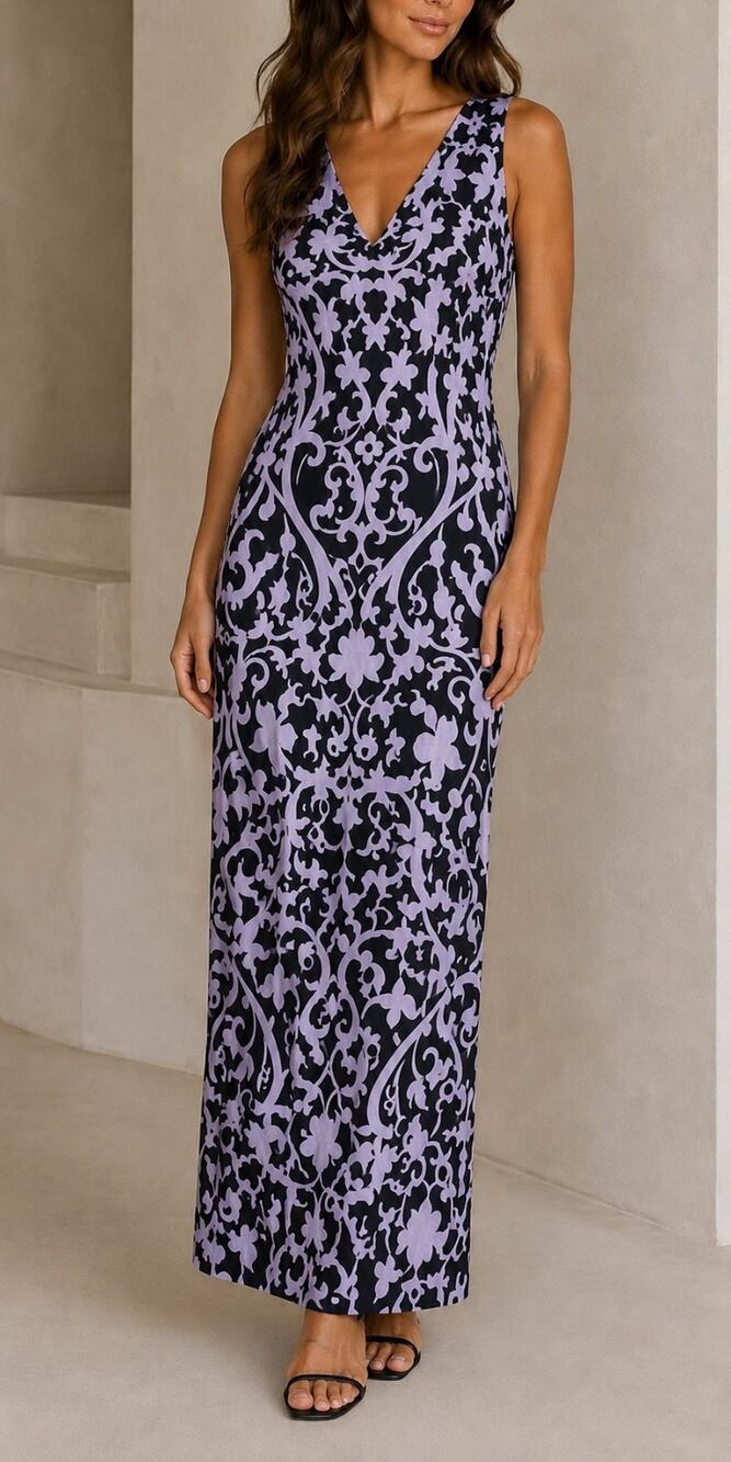 Isabel Marant Purple Damask V-Neck Long Maxi Dress Size 1/Small Made in France
